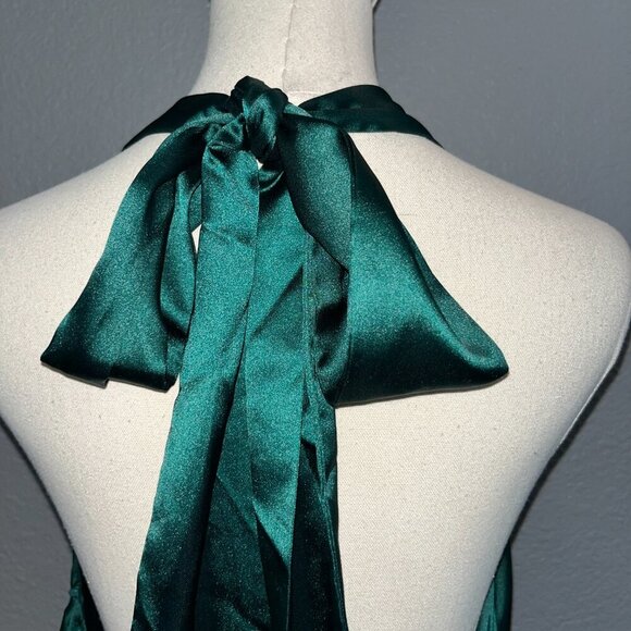 CANTON WALKER Emerald Green Satin Halter Backless Back Bow Mini Slip Dress - M - Picture 8 of 10